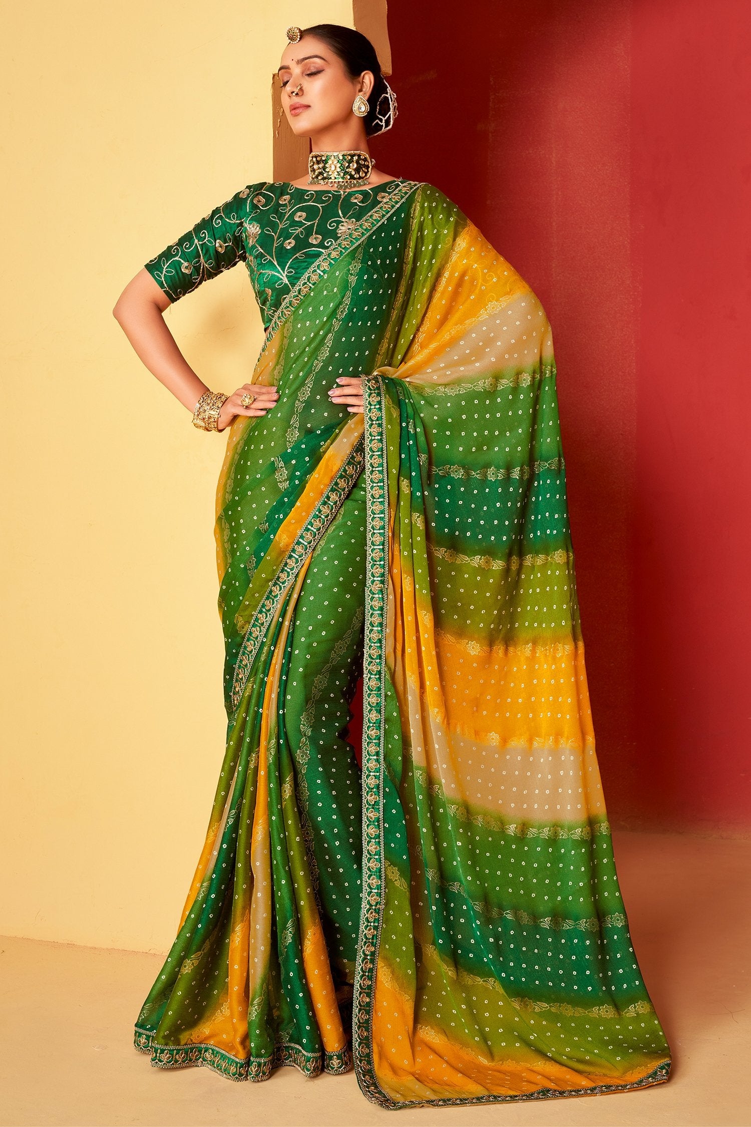 Buy MySilkLove Emerald Green and Yellow Chiffon Bandhani Embroidery Saree Online