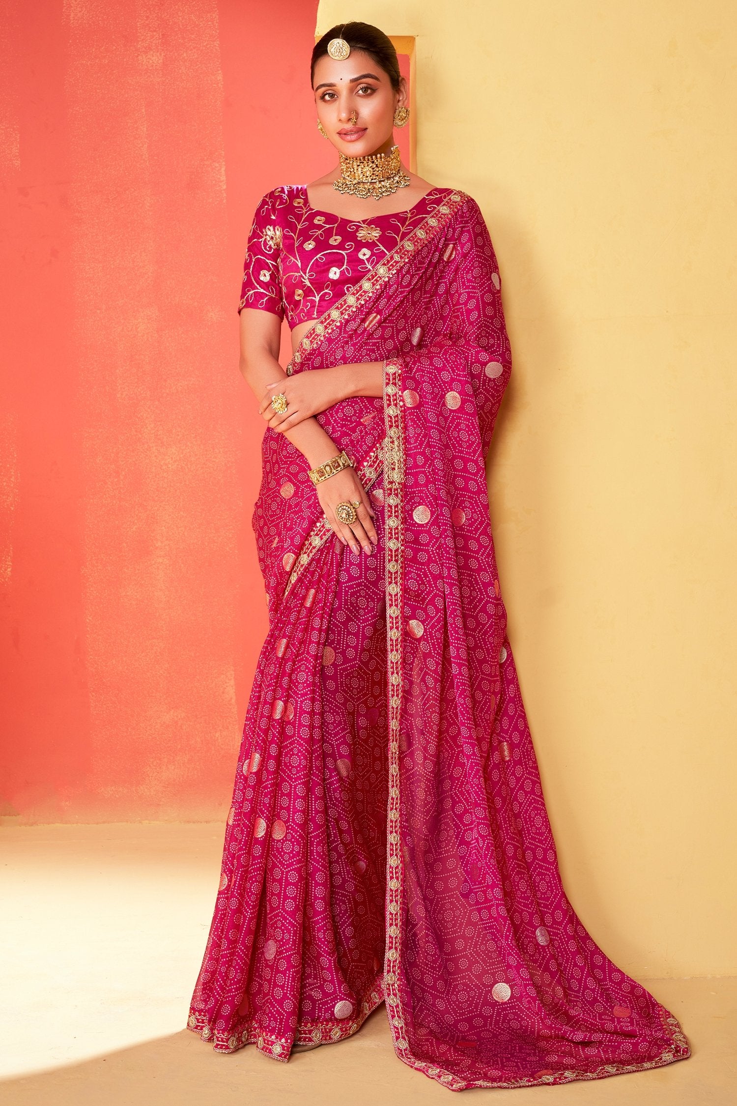 Buy MySilkLove Barbie Pink Chiffon Bandhani Embroidery Saree Online