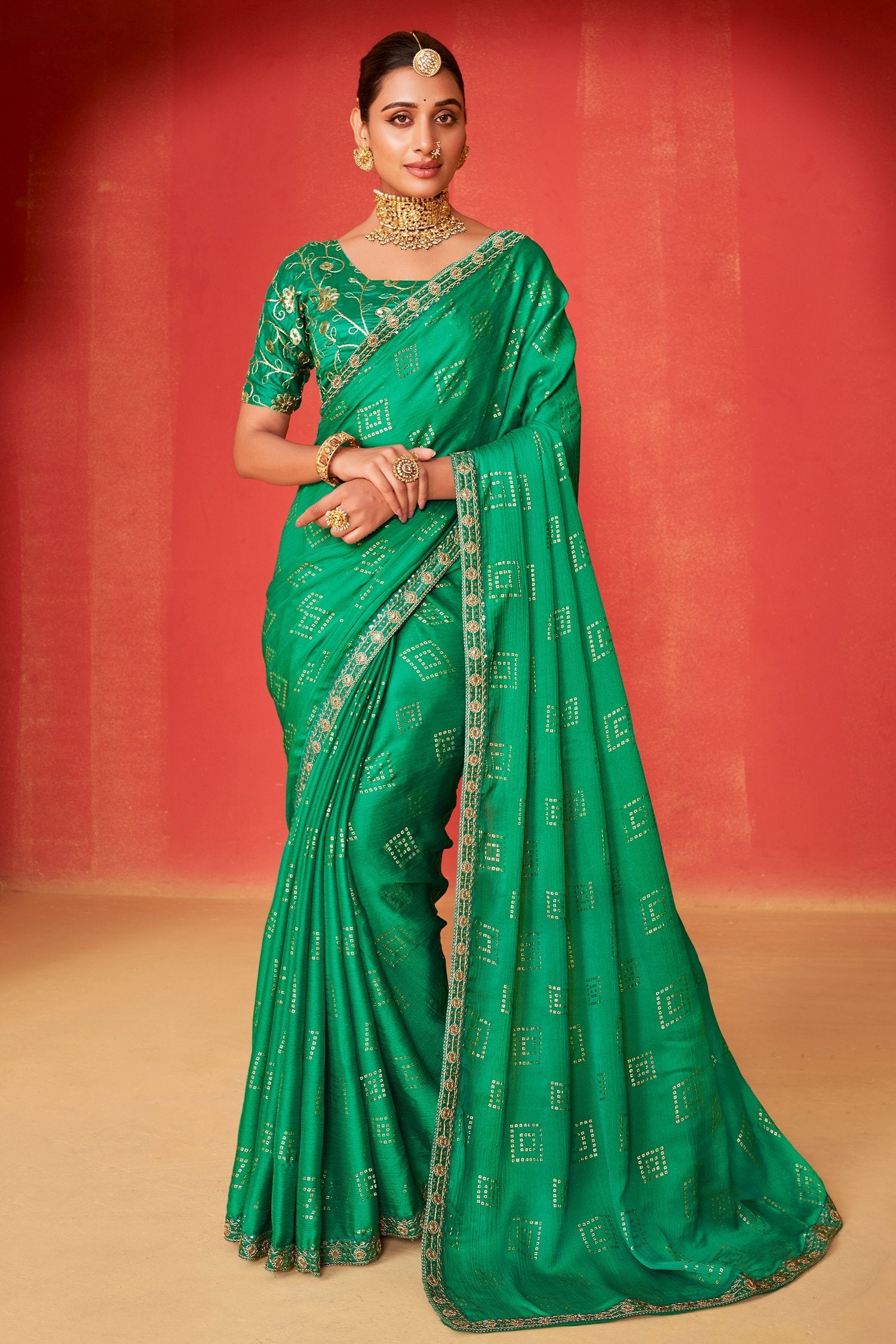 Buy MySilkLove Broccoli Green Chiffon Bandhani Embroidery Saree Online