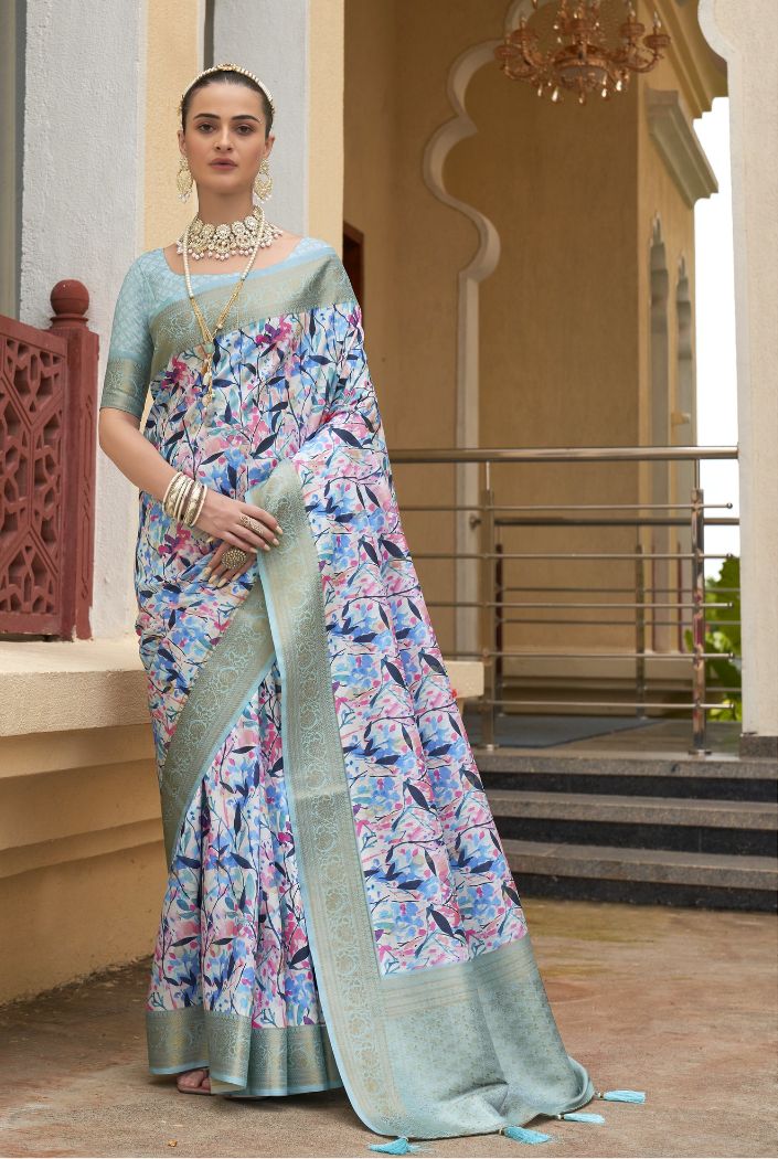 Buy MySilkLove Water Blue and Green Banarasi Printed Saree Online