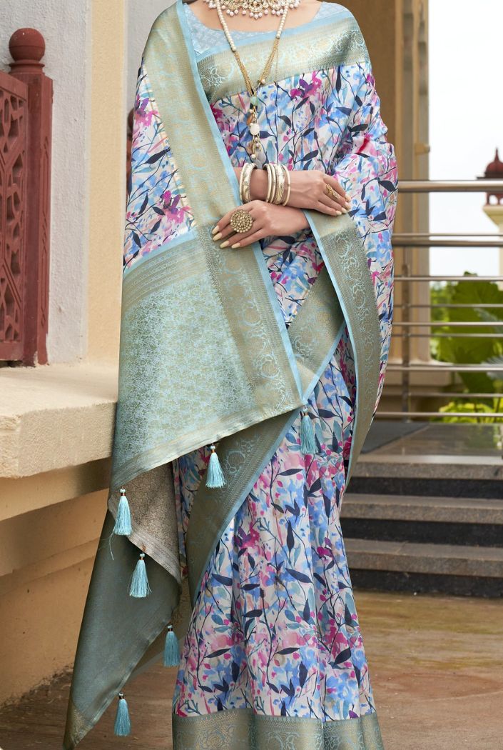 MySilkLove Water Blue and Green Banarasi Printed Saree