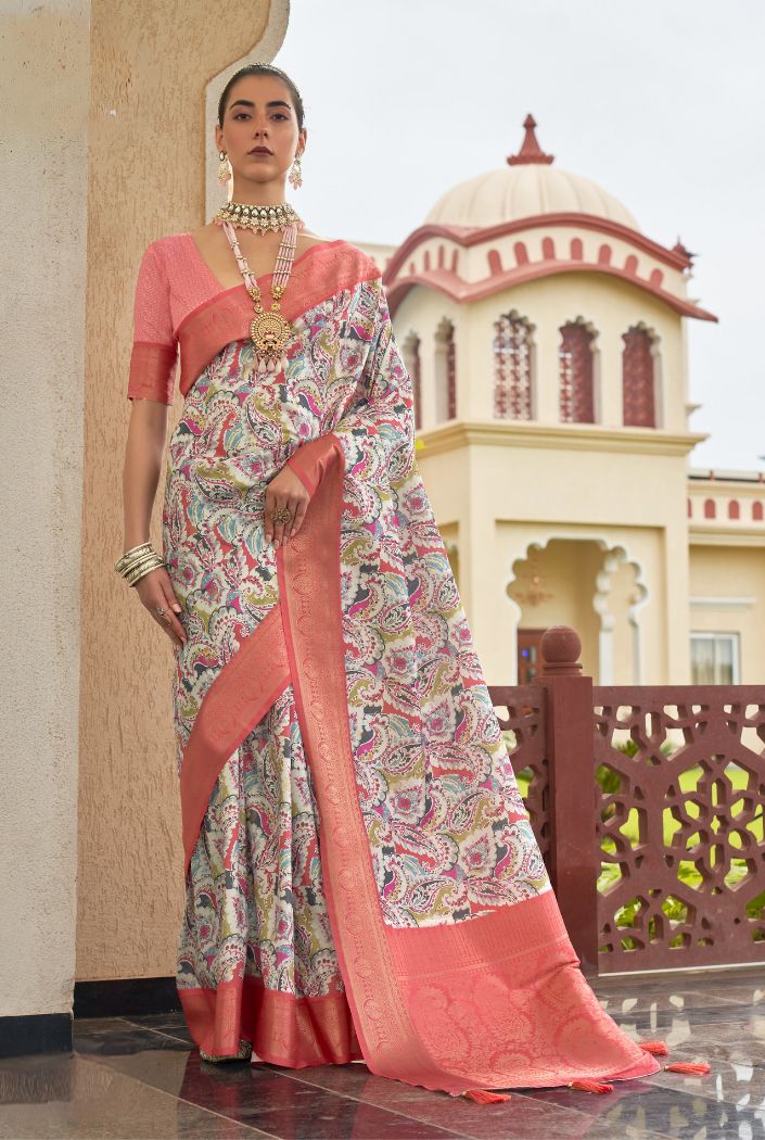 Buy MySilkLove Plum Peach and White Banarasi Printed Saree Online