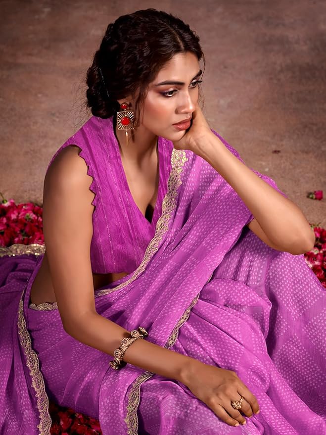 MySilkLove East Side Purple Designer Georgette Bandhani Saree