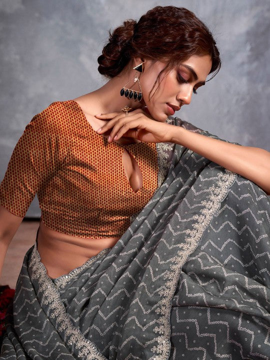 Buy MySilkLove Stone Grey Designer Georgette Bandhani Saree Online