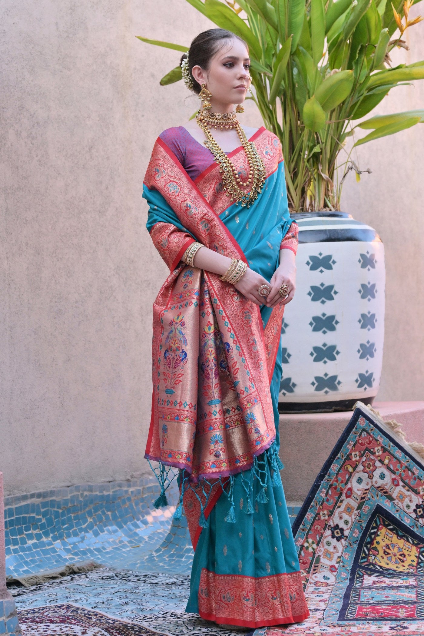 Buy MySilkLove Capri Blue Zari Woven Paithani Saree Online