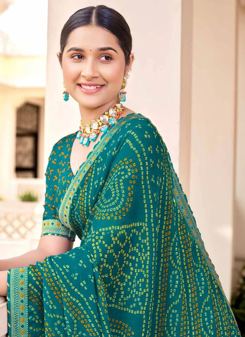 MySilkLove Paradiso Green Chiffon Bandhani Saree