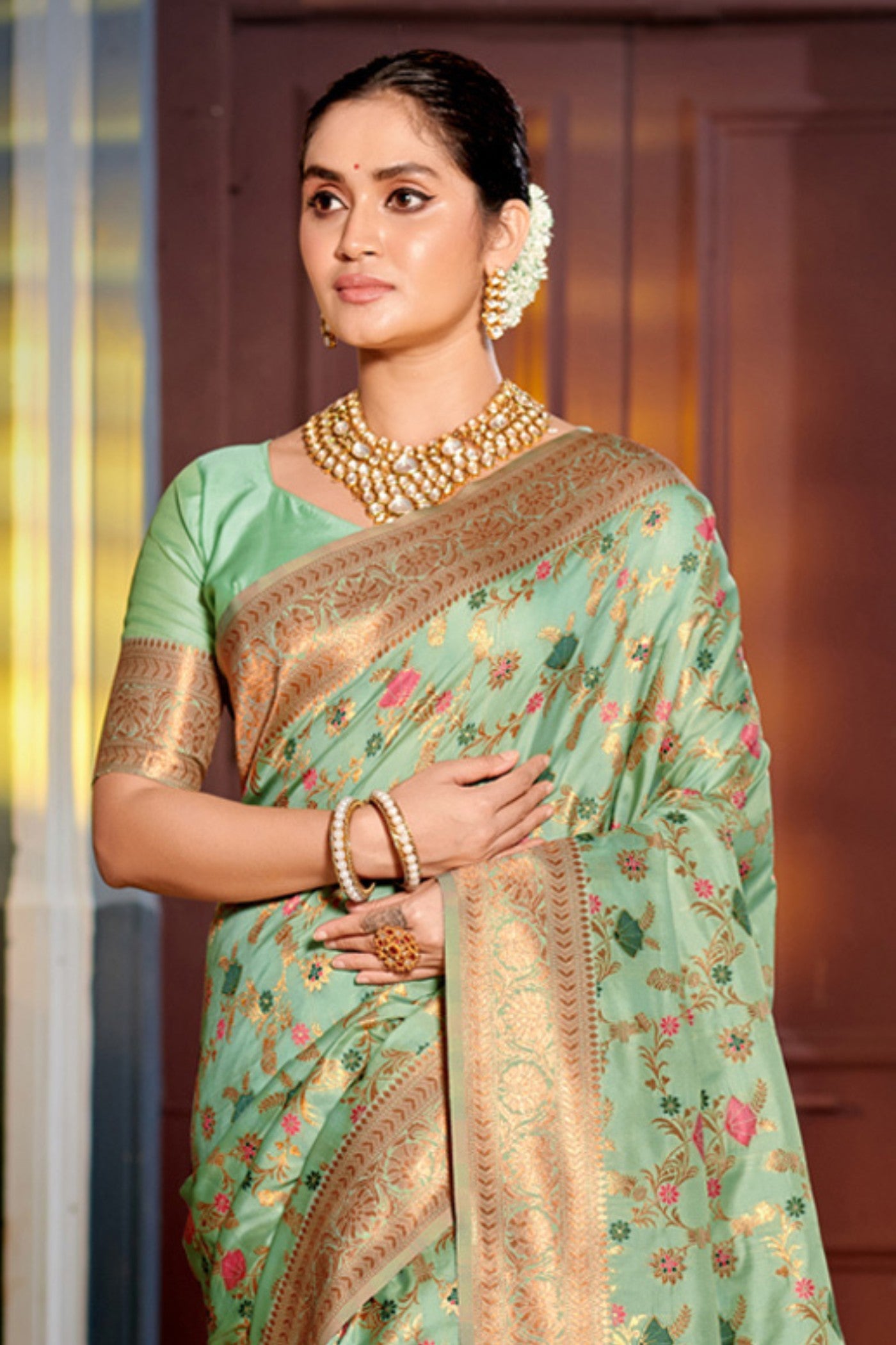 Buy MySilkLove Tree Green Yellow Zari Woven Banarasi Saree Online