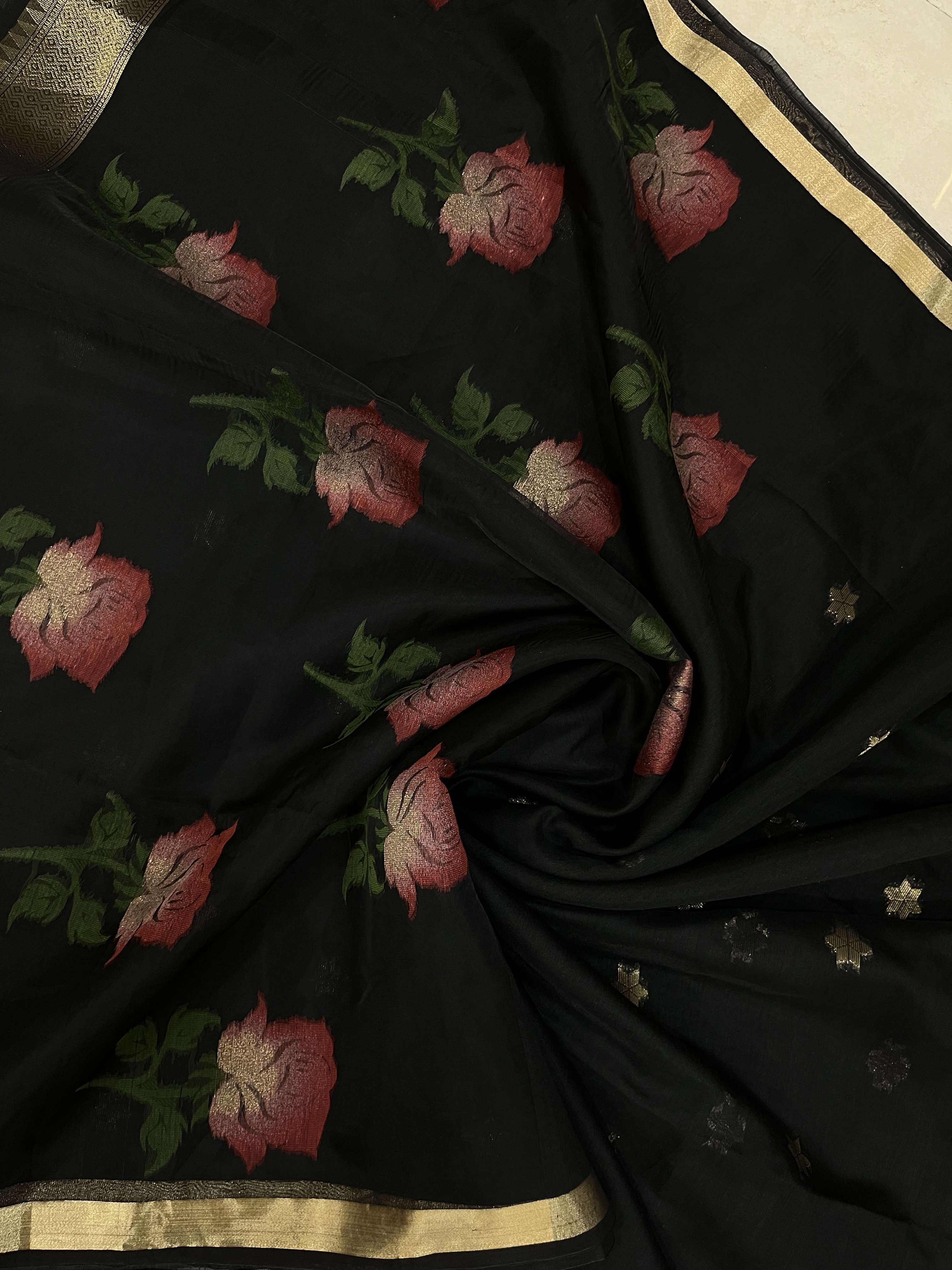 Buy MySilkLove Ace Black Handloom Muga Cotton Saree Online