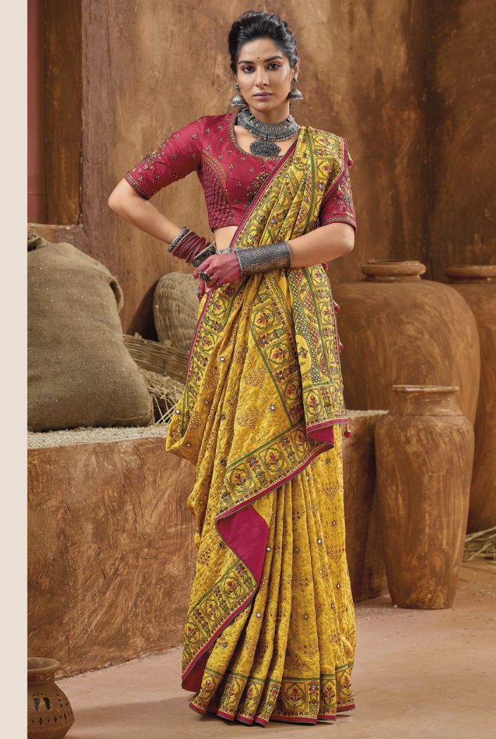 Buy House of Begum Women's Dark Yellow Katan Zari Work Saree with  Unstitched Printed Blouse Online at Best Prices in India - JioMart.