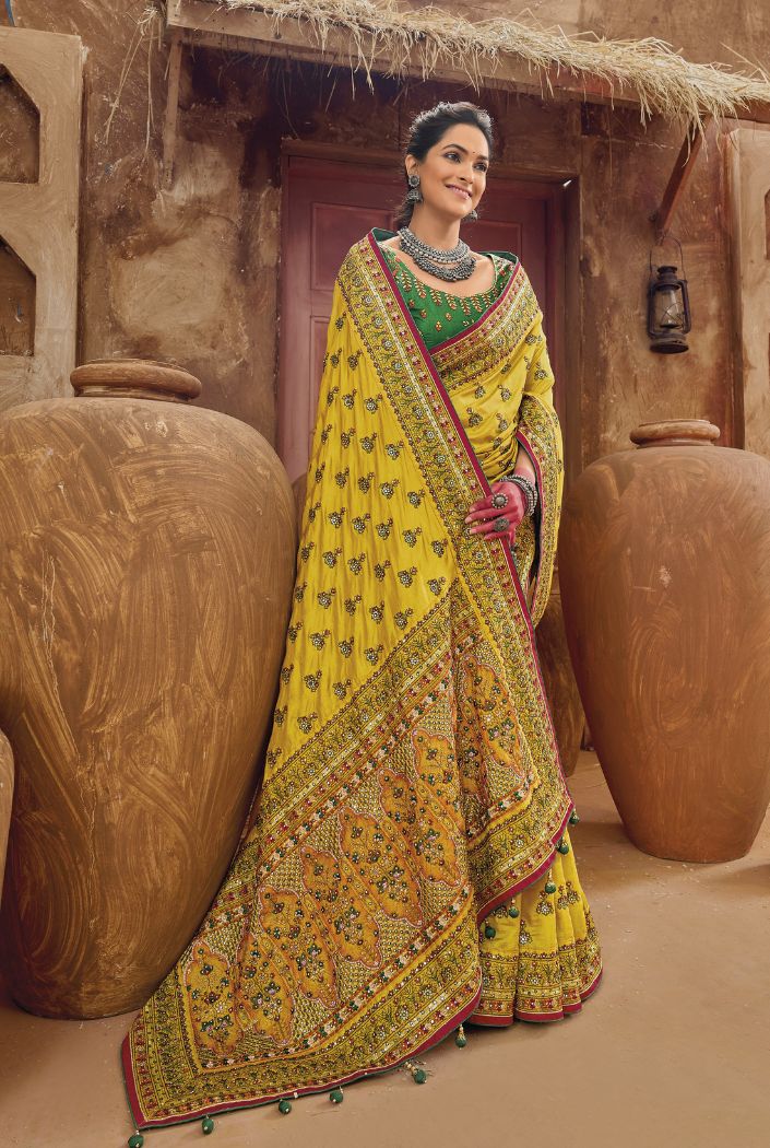 Buy MySilkLove Anzac Yellow and Green Embroidered Designer Kacchi Work Saree Online