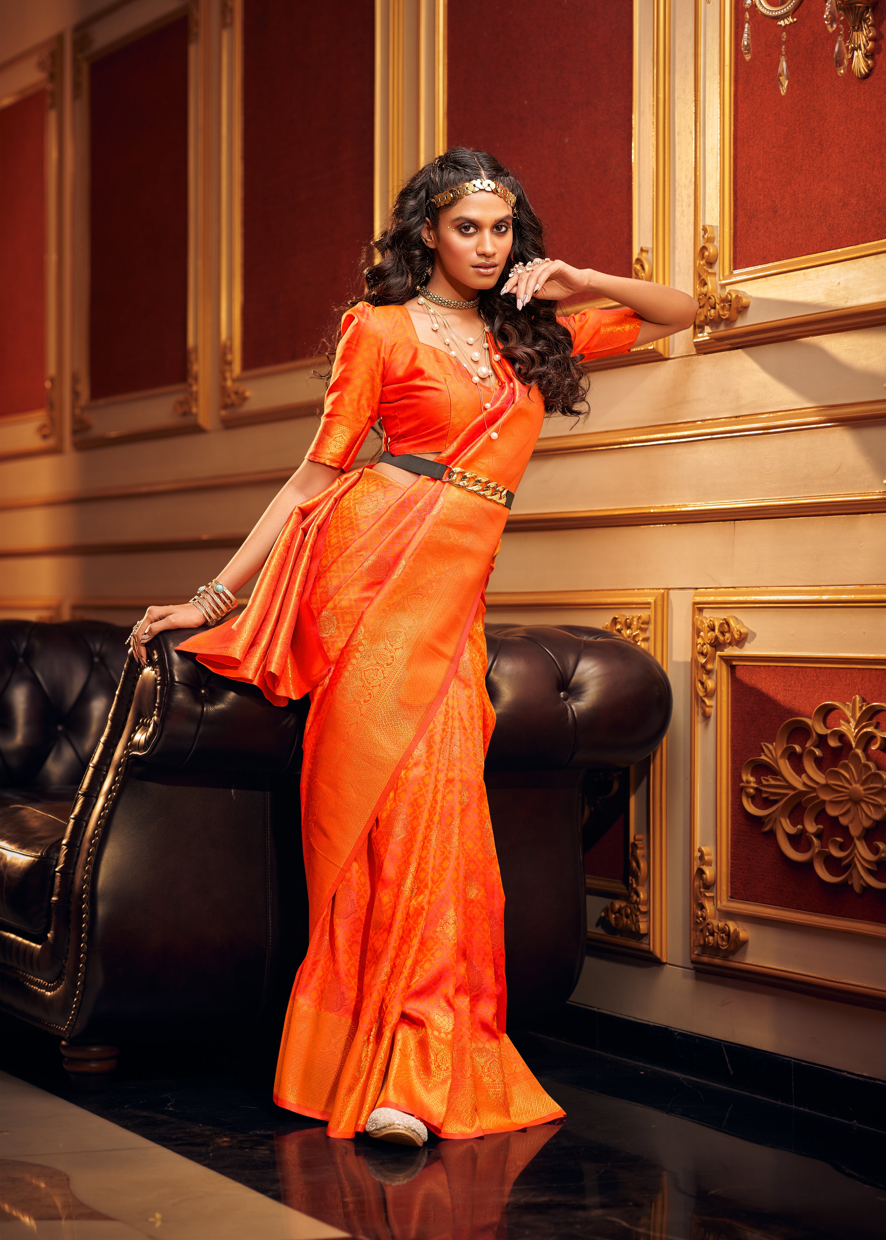 Buy MySilkLove Flamingo Orange Woven Handloom Banarasi Silk Saree Online