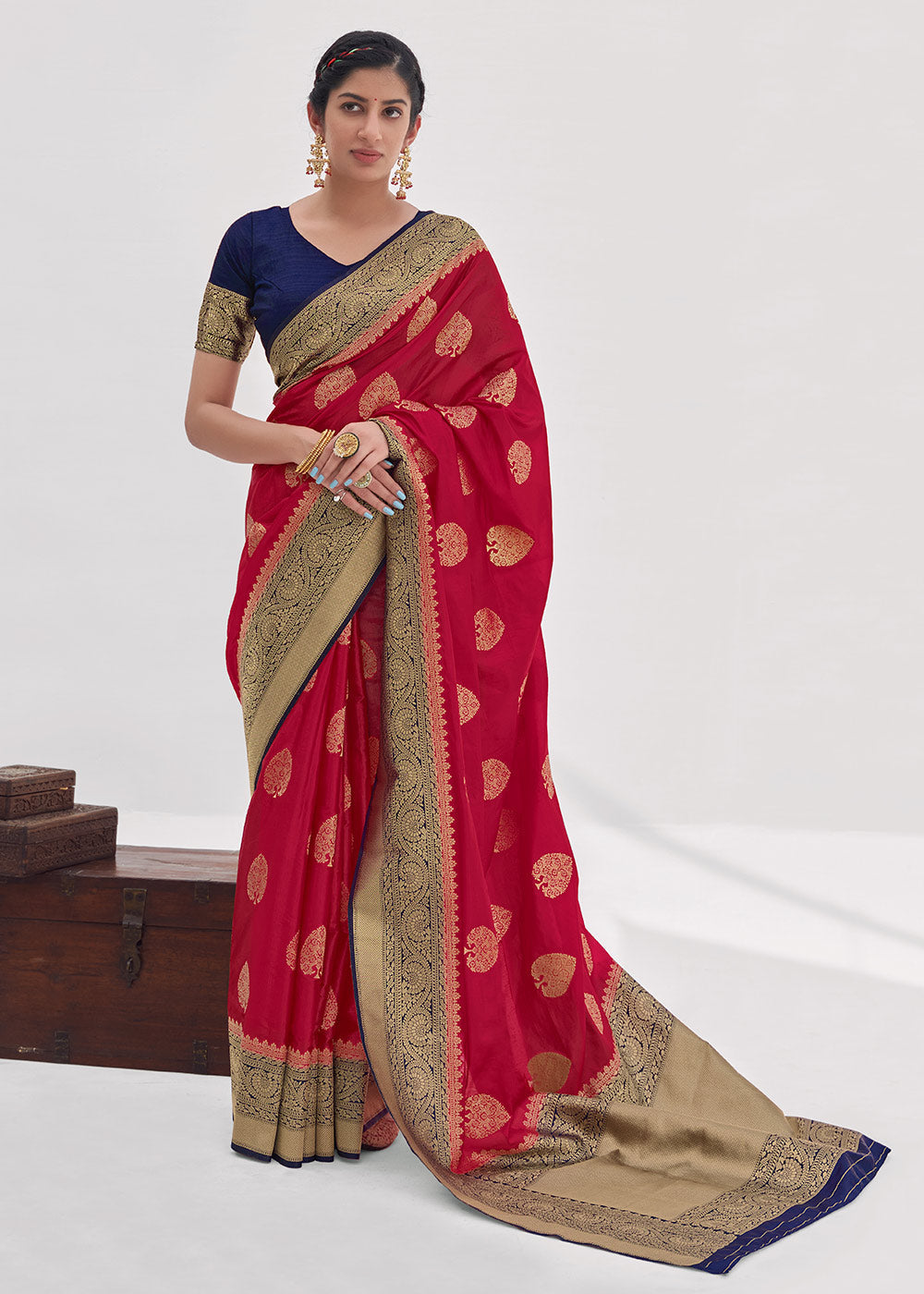 Buy MySilkLove Carmine Red Zari Woven Organza Silk Saree Online