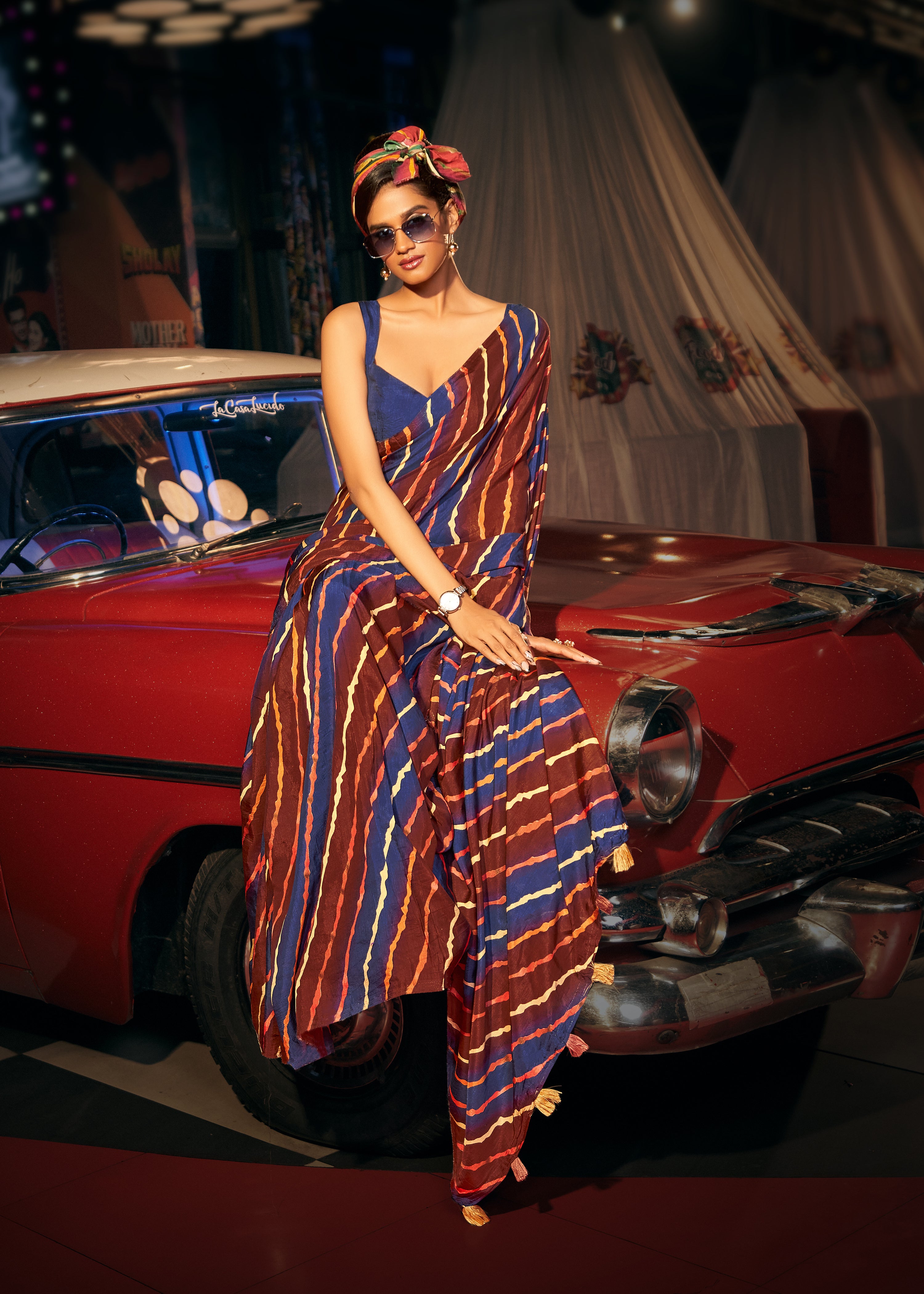 Buy MySilkLove Brown Rust and Blue Digital Printed Lehriya Saree Online