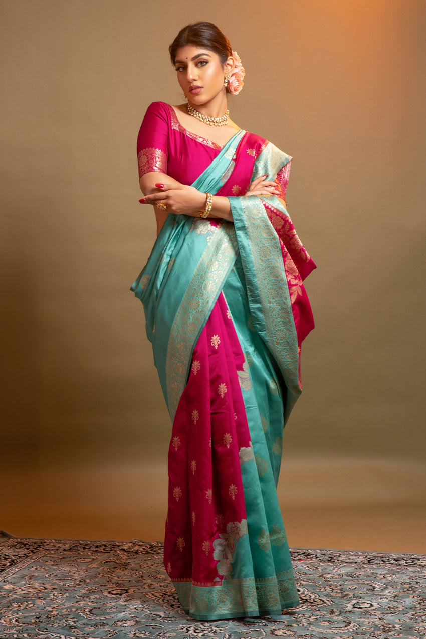 Buy MySilkLove Venetian Pink and Blue Woven Banarasi Silk Saree Online