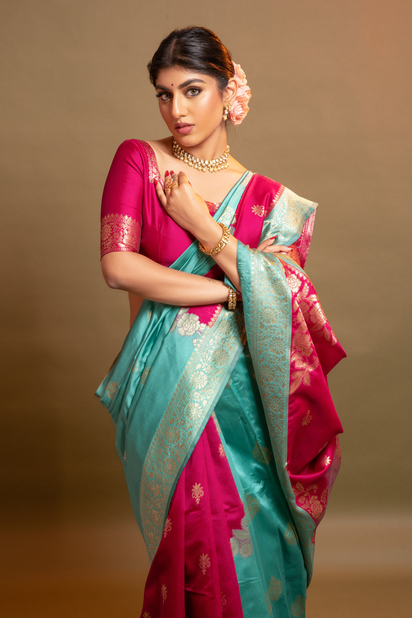 MySilkLove Venetian Pink and Blue Woven Banarasi Silk Saree