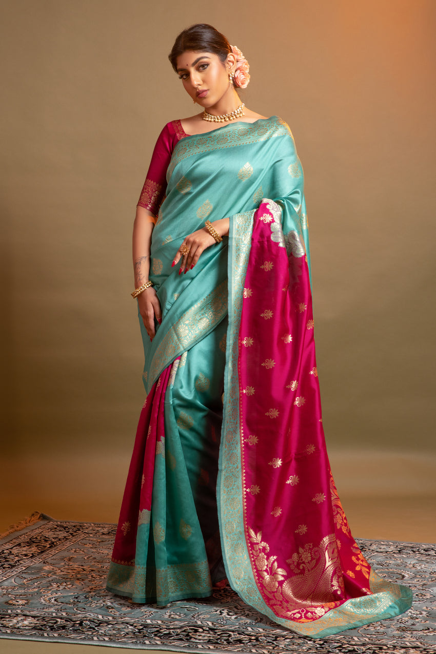 Buy MySilkLove Venetian Pink and Blue Woven Banarasi Silk Saree Online
