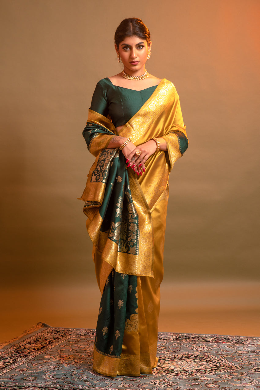 Buy MySilkLove Koromiko Yellow and Green Woven Banarasi Silk Saree Online