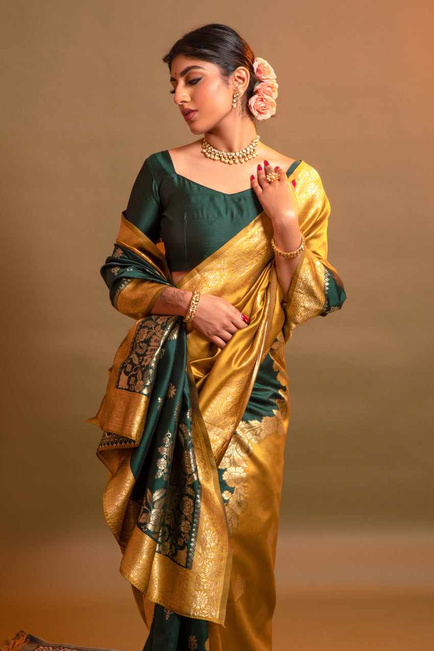 Buy MySilkLove Koromiko Yellow and Green Woven Banarasi Silk Saree Online