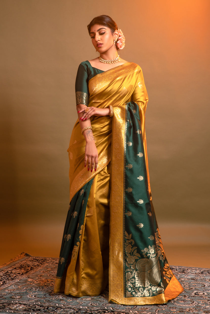 Buy MySilkLove Koromiko Yellow and Green Woven Banarasi Silk Saree Online