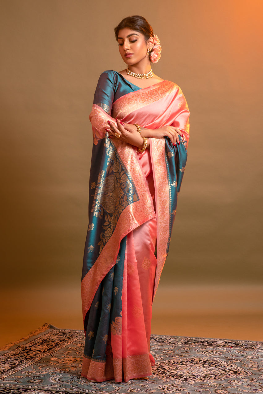 Buy MySilkLove Vivid Pink and Blue Woven Banarasi Silk Saree Online