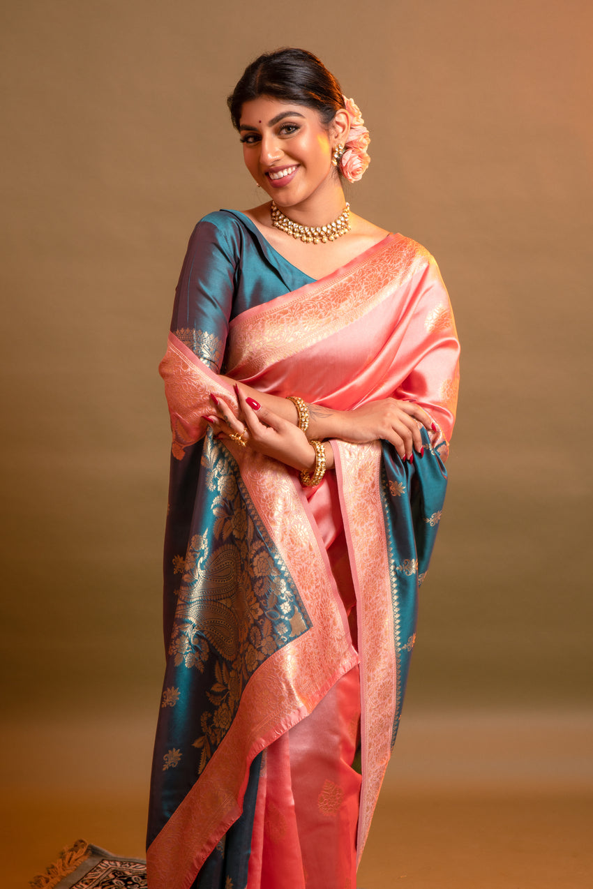 MySilkLove Vivid Pink and Blue Woven Banarasi Silk Saree