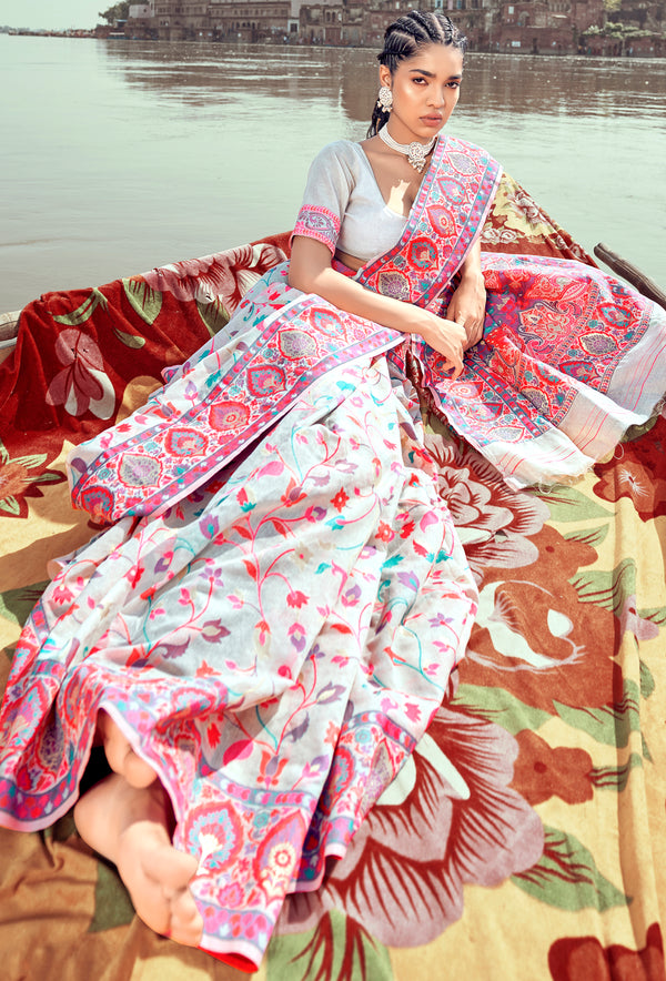 Cold Turkey White and Pink Woven Kashmiri Jamewar Silk Saree