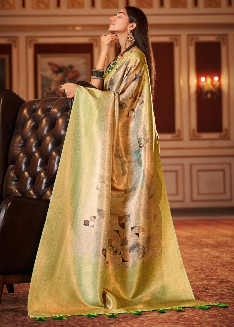 Green Silk Digital Print Trendy Saree for Engagement