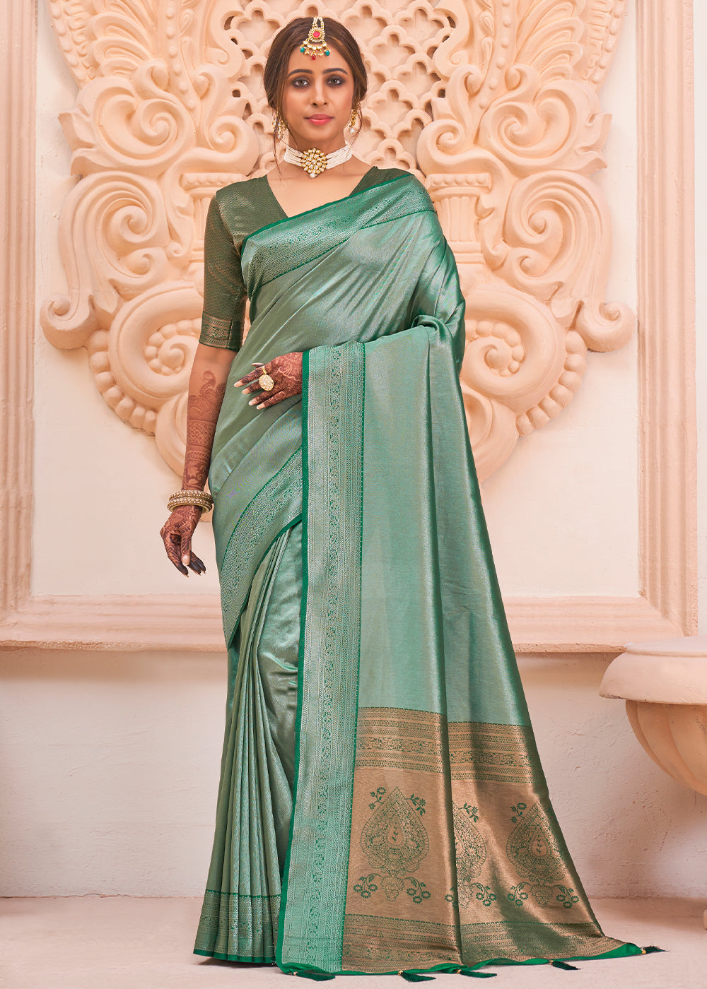 Buy MySilkLove Envy Green Zari Woven Designer Saree Online