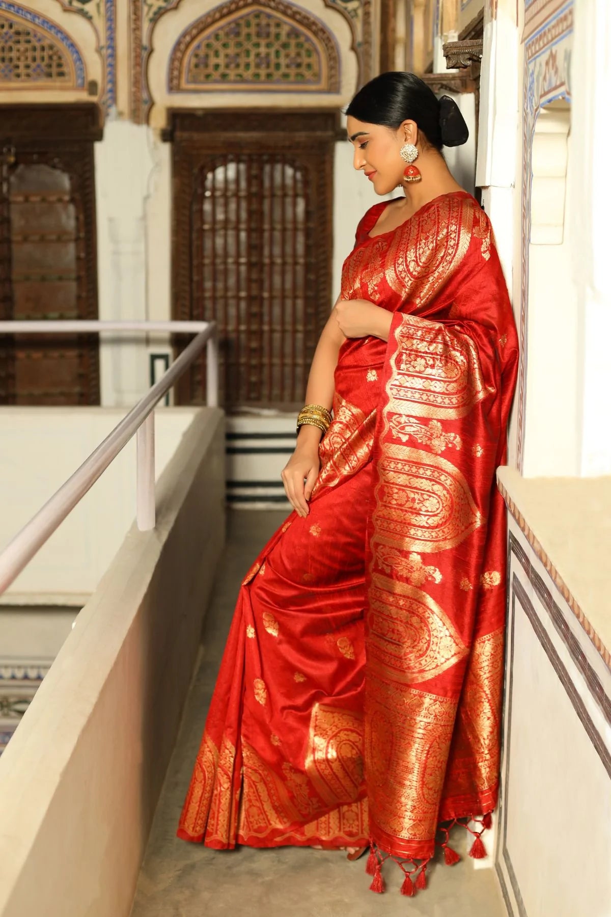 Buy MySilkLove Thunderbird Red Tussar Woven Silk Saree Online