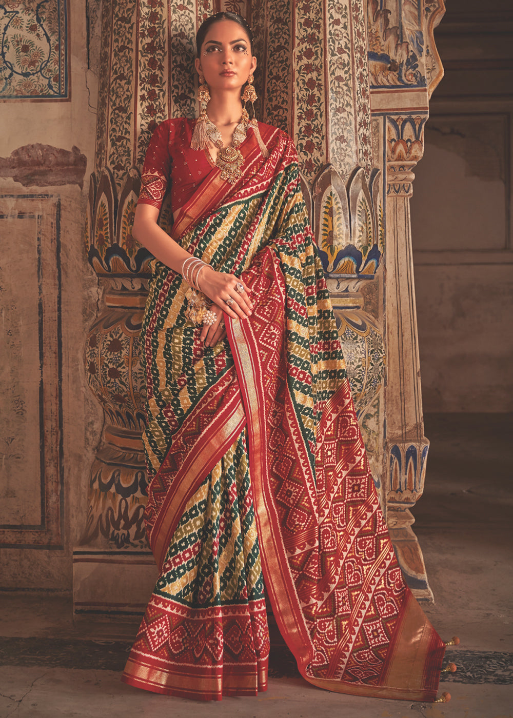 Buy MySilkLove Stiletto Red and Green Patola Silk Saree Online