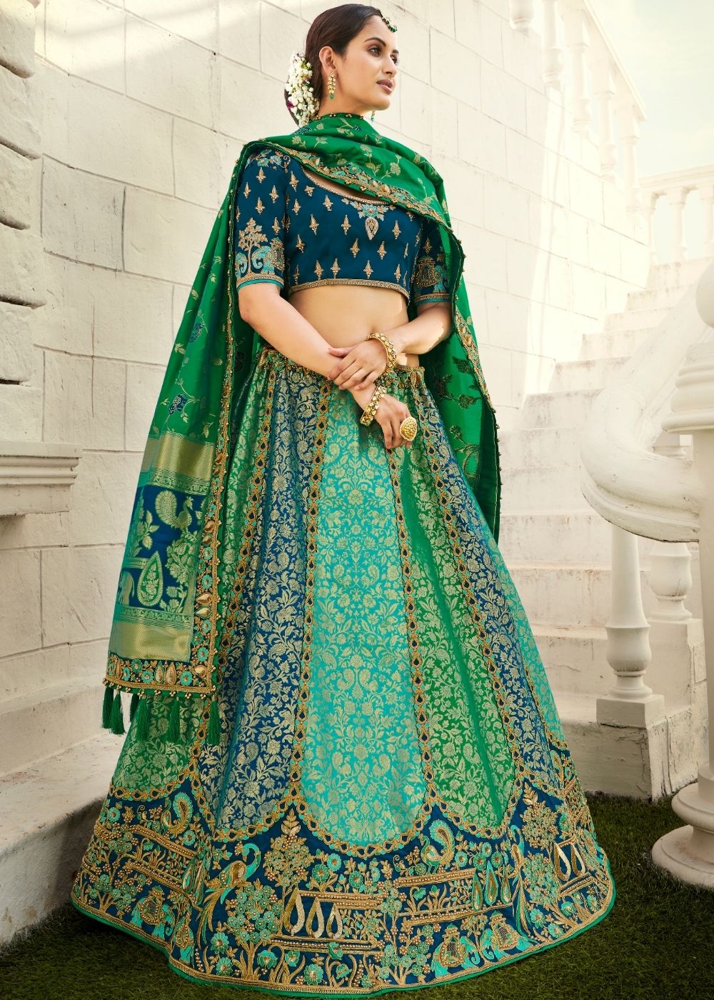 Buy MySilkLove Green Pea Heavy Embroidered Designer Banarasi Lehenga Online