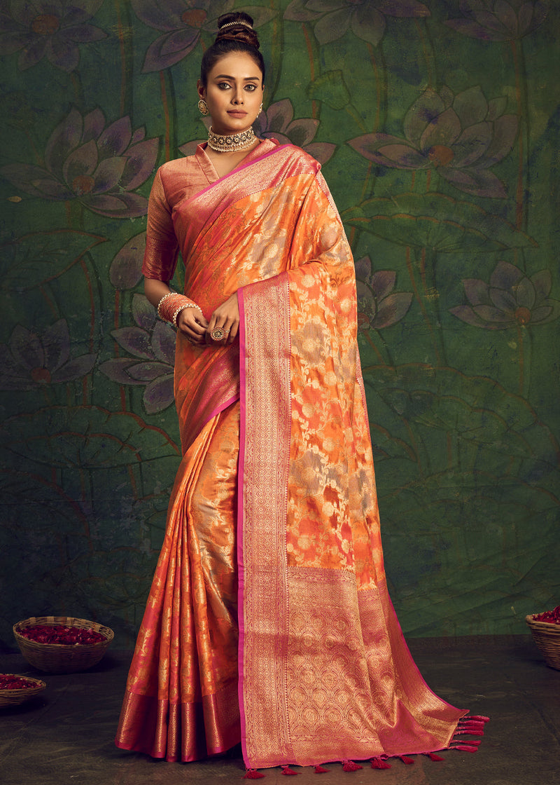 Texas Rose Orange Woven Banarasi Rangkath Silk Saree