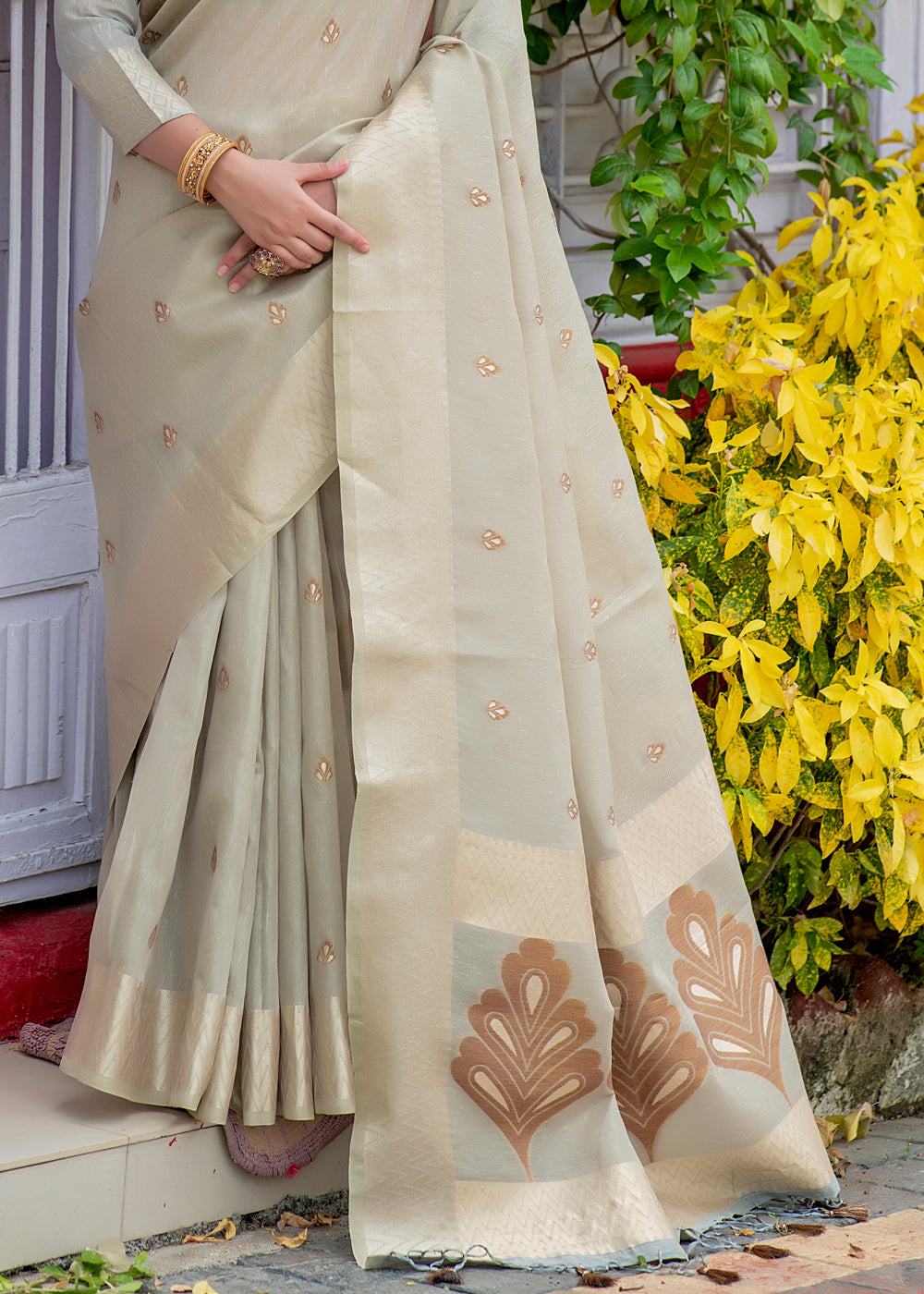 Buy MySilkLove Soft Amber Grey Woven Banarasi Linen Silk Saree Online