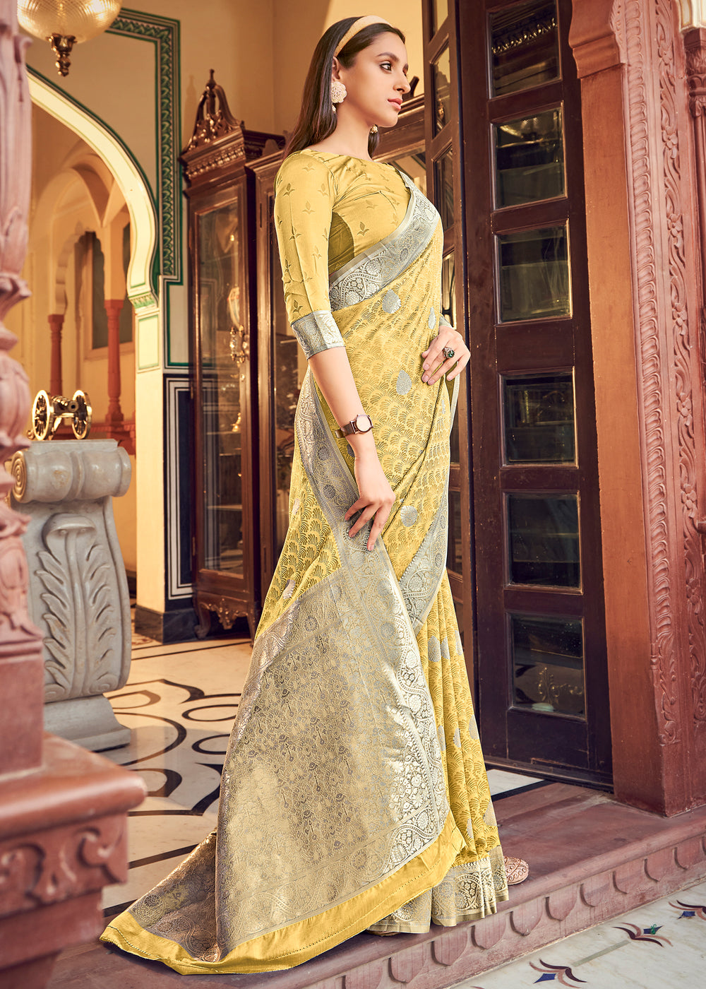 Buy MySilkLove Sunset Pearl Yellow Banarasi Woven Satin Silk Saree Online