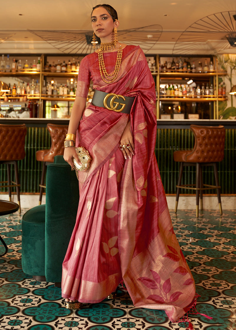 Carmine Red Zari Woven Banarasi Tussar Silk Saree