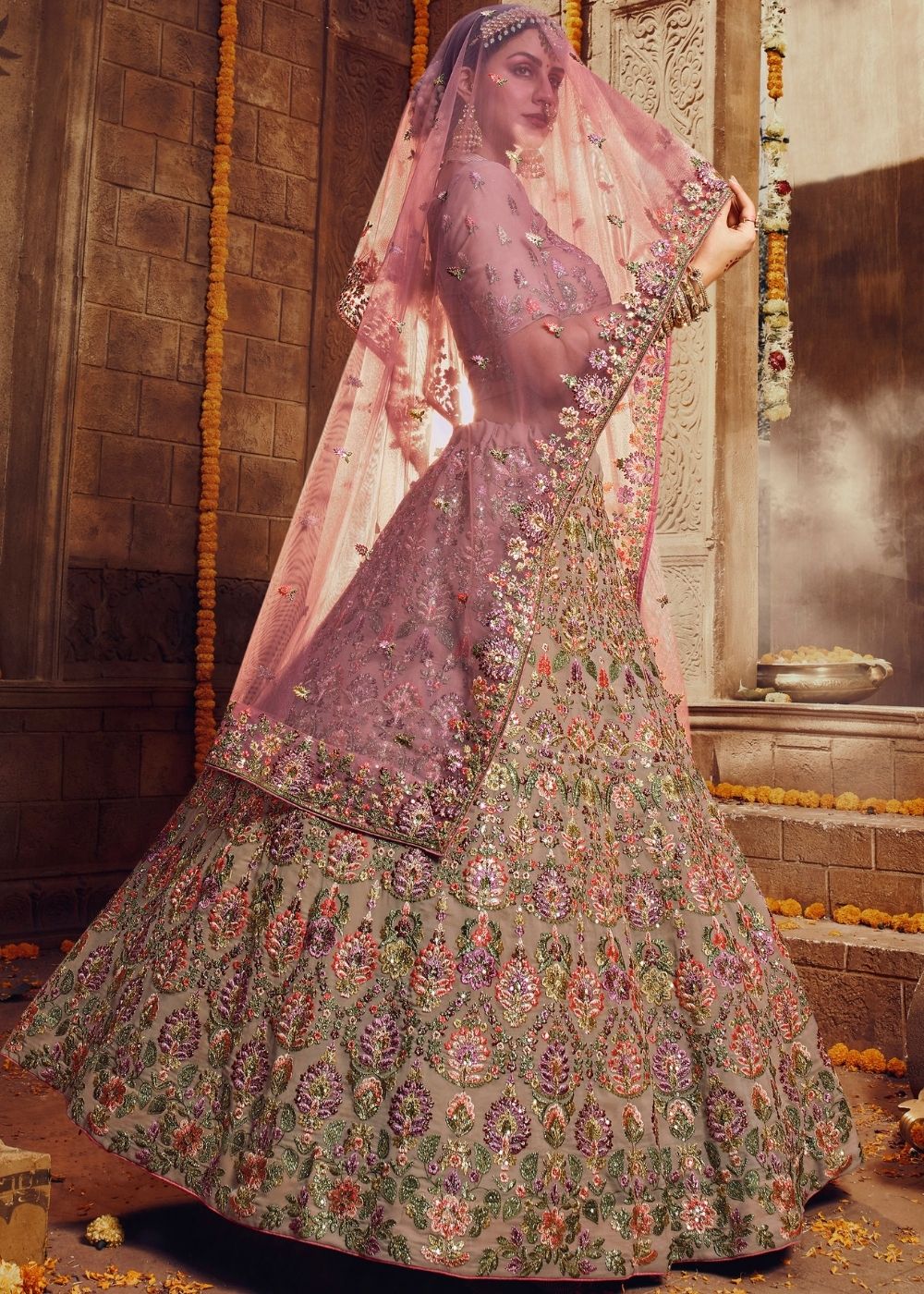 Buy MySilkLove Oriental Pink Georgette Bridal Lehenga Choli Online