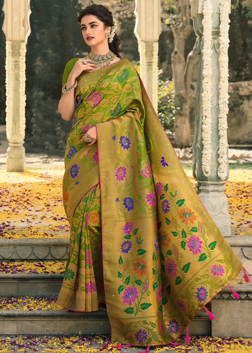 Buy MySilkLove Conifer Green Woven Banarasi Silk Saree Online