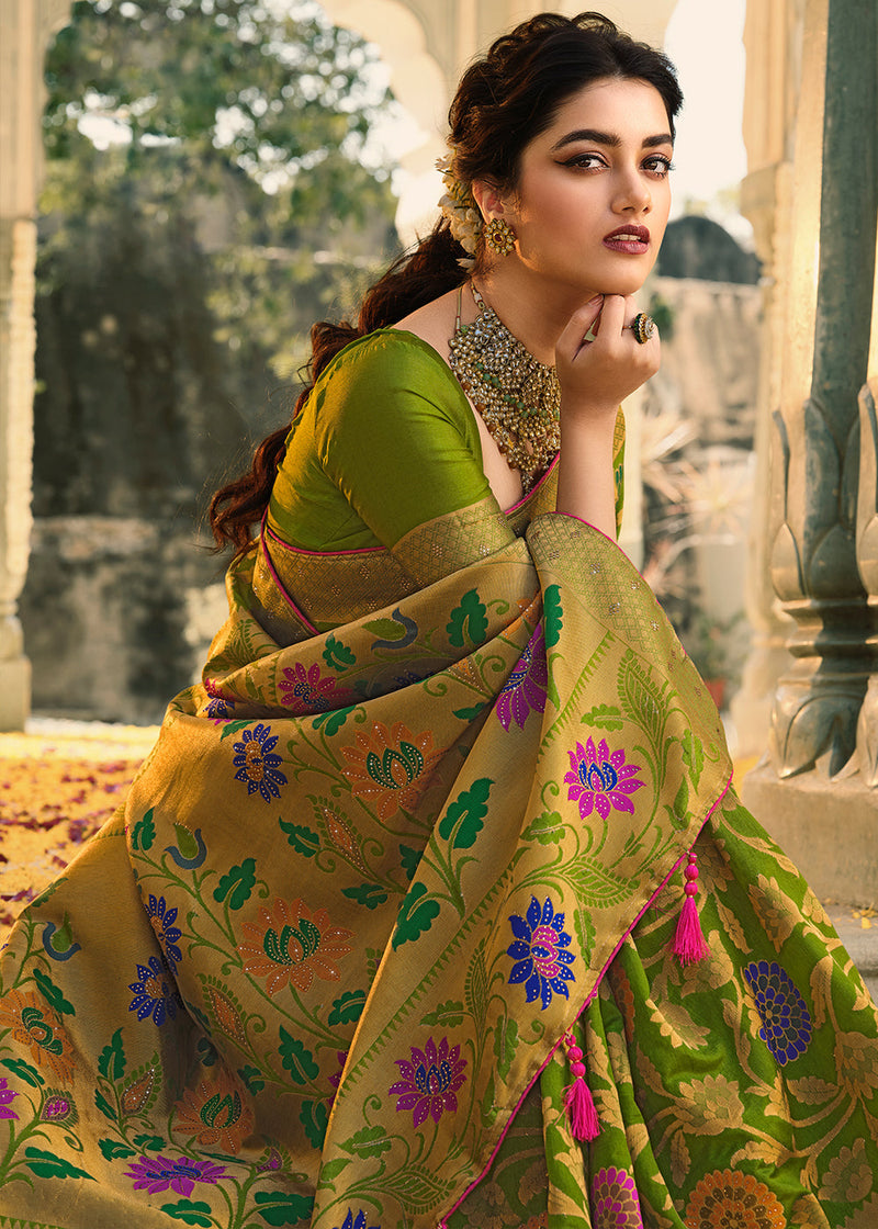 Conifer Green Woven Banarasi Silk Saree