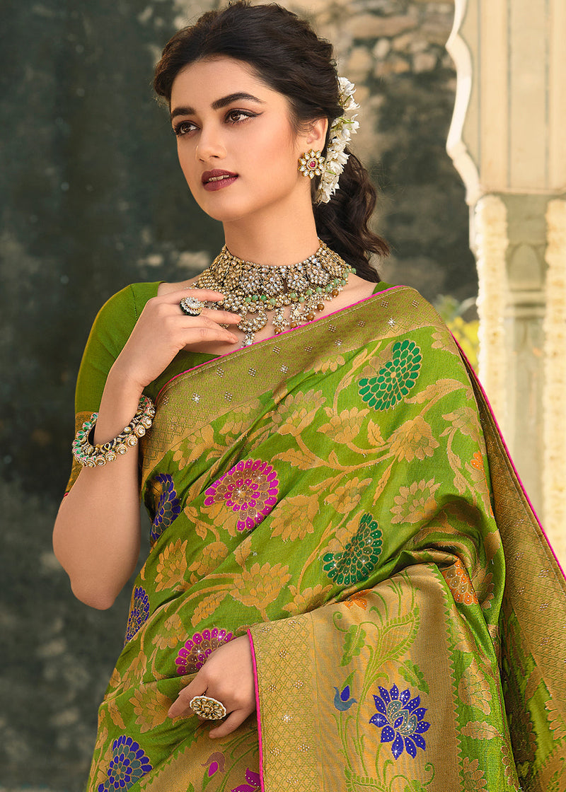 Conifer Green Woven Banarasi Silk Saree