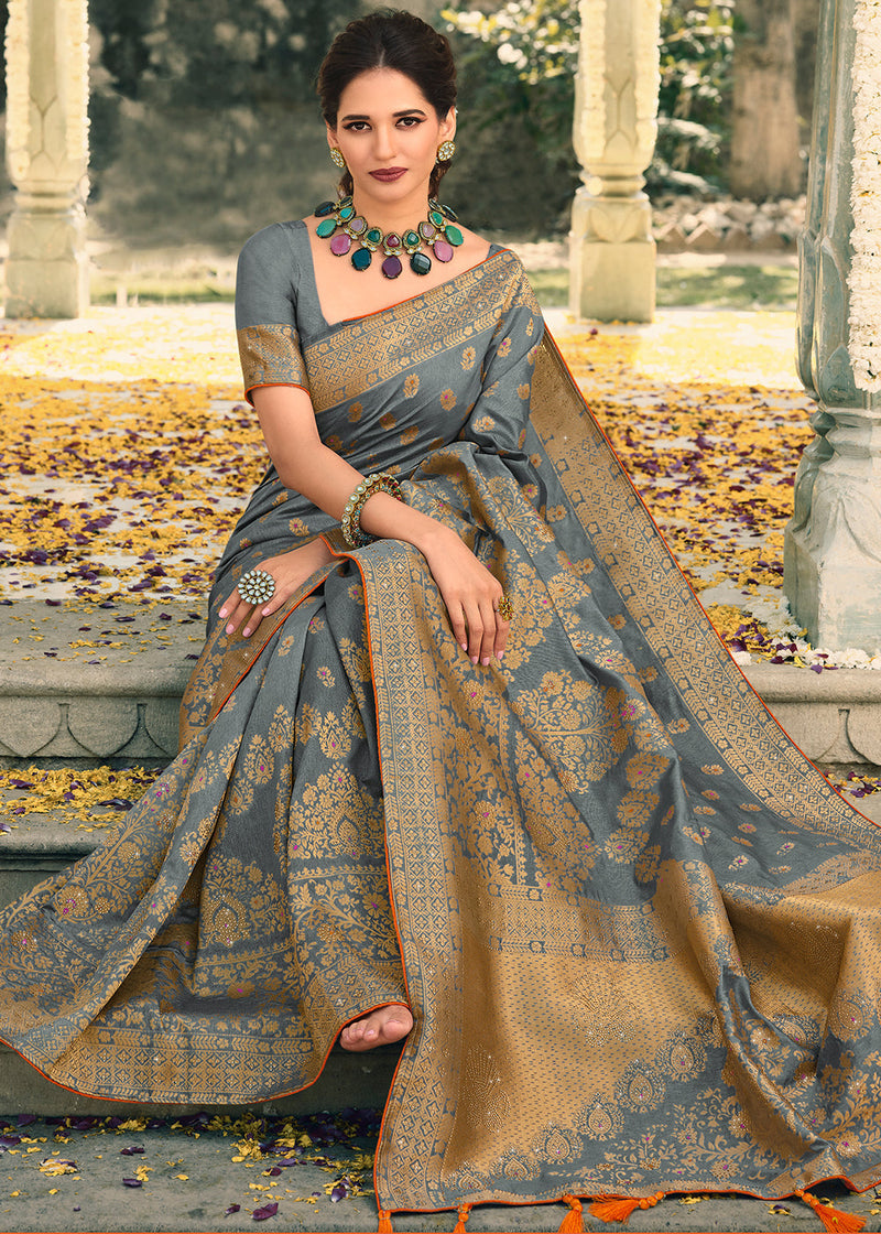 Sirocco Grey Woven Banarasi Silk Saree