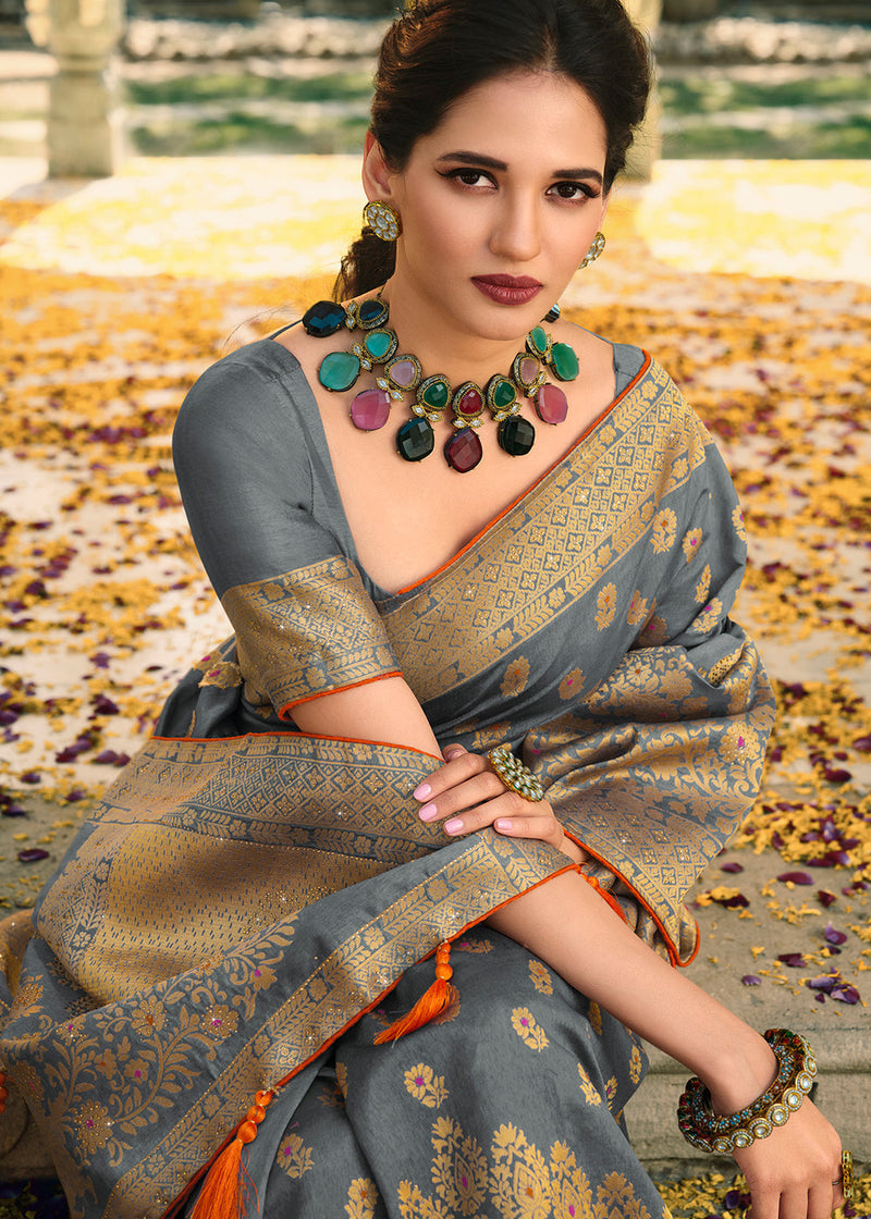 Sirocco Grey Woven Banarasi Silk Saree