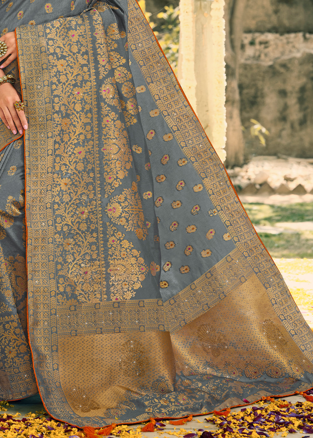 Buy MySilkLove Sirocco Grey Woven Banarasi Silk Saree Online