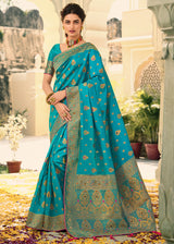 Moonstone Blue Woven Banarasi Silk Saree