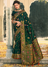 Bottle Green Woven Banarasi Silk Saree