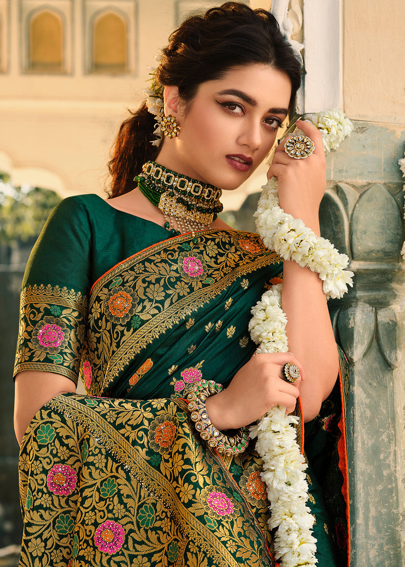 Bottle Green Woven Banarasi Silk Saree