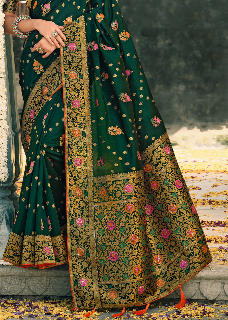 Bottle Green Woven Banarasi Silk Saree