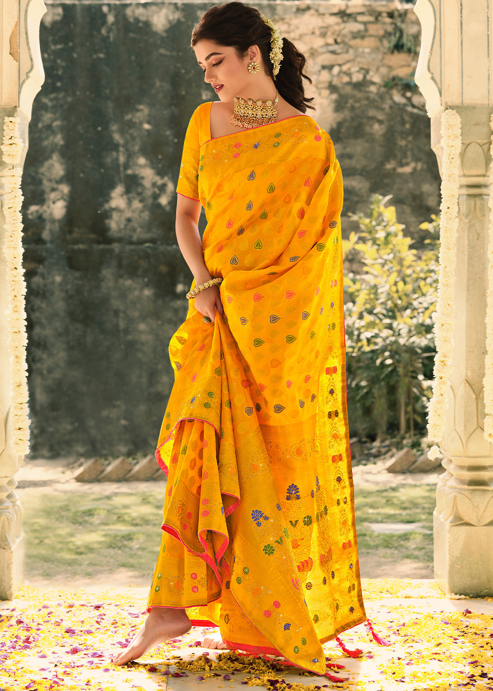 Buy MySilkLove Selective Yellow Woven Banarasi Silk Saree Online