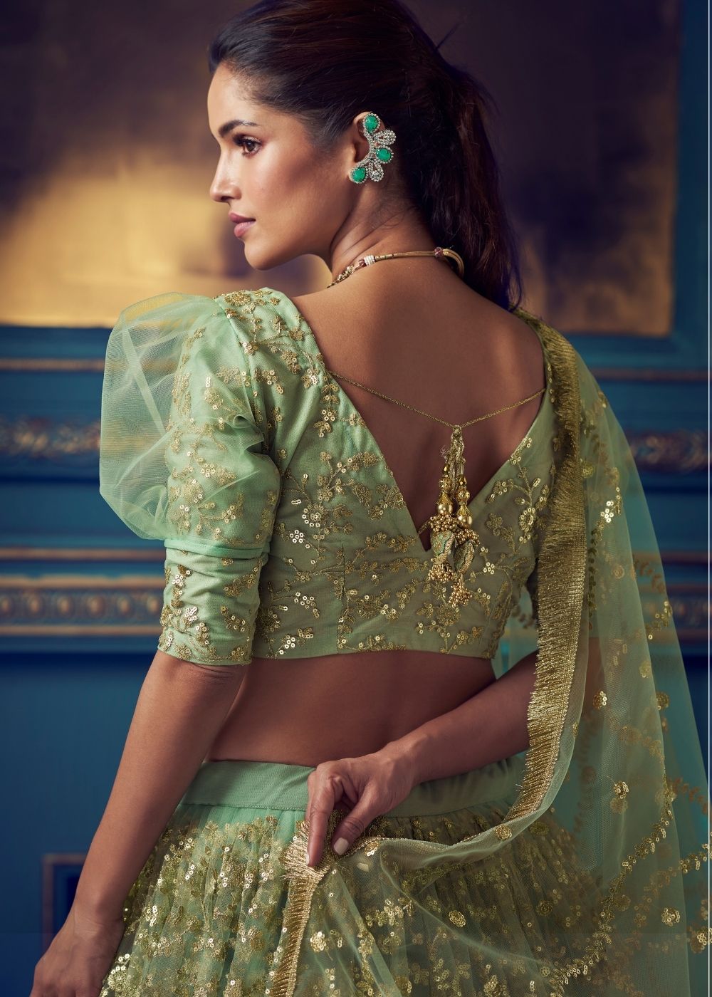 Buy MySilkLove Sage Green Designer Soft Net Lehenga Choli Online