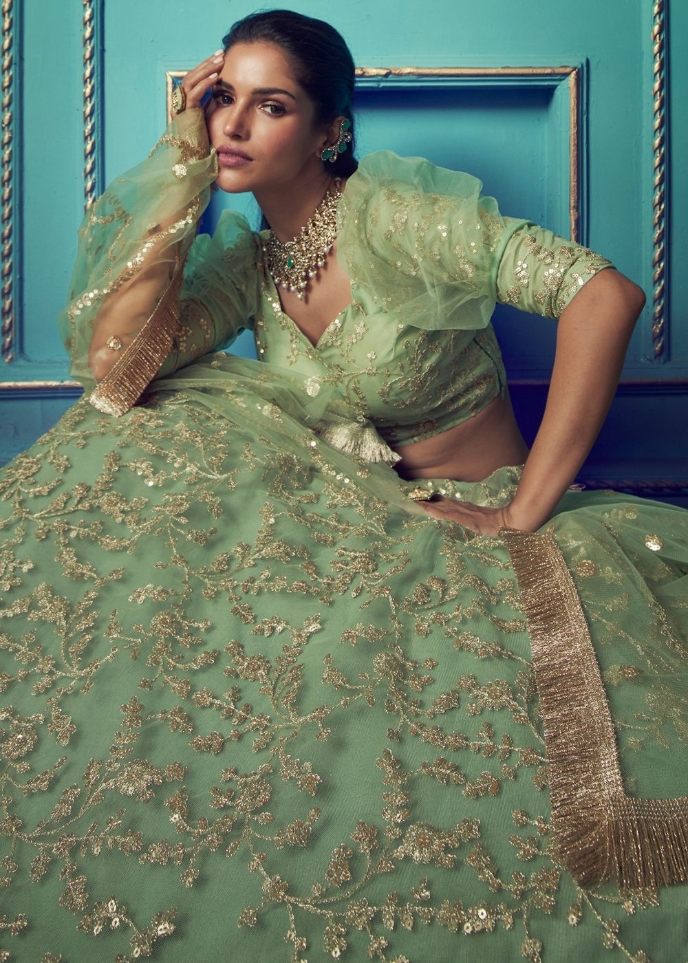 Buy MySilkLove Sage Green Designer Soft Net Lehenga Choli Online