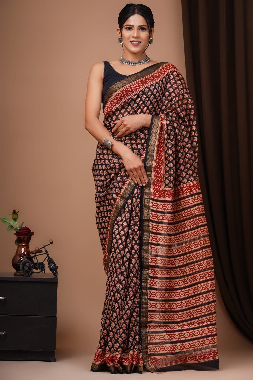 Buy MySilkLove Nutmeg Brown Handblock Kota Doriya Saree Online